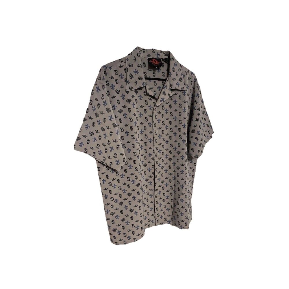 Vintage Y2K Sculls & Dragons Gray Button Shirt Men's size M #0391